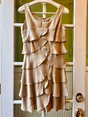 London Times Tiered Sleeveless Party Dress in Shimmering Beige & Mermaid Ruffles